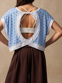 VARSIVA Women's Polka Dot Patchwork Casual Versatile Daily Wear Sports T-Shirt - Blue and White - View 6
