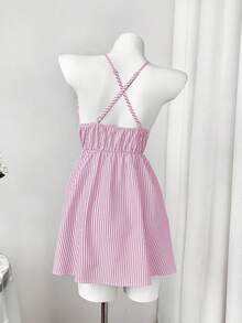 Rustia Plus Size Women Striped Halter Neck Ruched Casual Date Party Dress - Pink - View 2