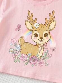 Young Girl Casual Simple Cartoon Pattern Short Sleeve Shorts 2pcs Set Suitable For Summer - Multicolor - View 3