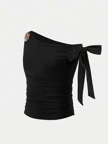 SHEIN Tween Girls' Fashionable Elegant Sleeveless Asymmetrical Shoulder Top, Solid Black - Black - View 4