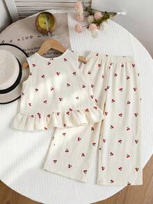 Emery Rose Kids Emery Rose Kids 2件套少女格子圆领休闲背心和裤子套装 - 杏色 - 查看 3