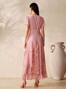 SHEIN Zanirela Vestido de mujer con cuello en V, volantes, cintura ceñida, sexy, romántico, estilo francés, elegante, cola de pez, para vacaciones, verano, rosa empolvado, brunch - Rosa - Ver 3