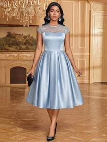SHEIN Lady Women's Elegant Short Sleeve Mid-Length Mesh Patchwork Rhinestone Decor Dress Dinner Date Light Blue Summer - Lake Blue - View 7