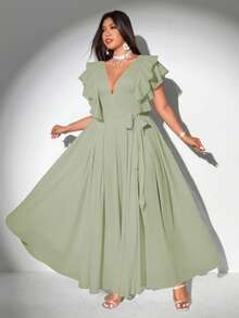 Viva Relle Đầm chiffon dáng chữ A thanh lịch, lãng mạn, cổ chữ V buộc dây, tay bồng dành cho phụ nữ cỡ lớn - màu xanh lá - Xem 2