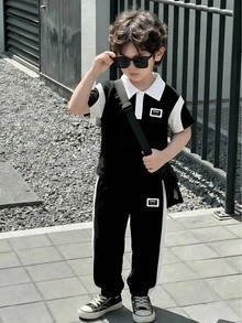SHEIN Streecool Kids 男童休闲Polo衫长裤套装（2件套），宽松版型，撞色设计，适合日常、休闲、度假、聚会、街头风格等场合。 - 黑色 - 查看 3