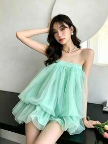 Selianne Women's Fluffy Halter Jumpsuit With Tulle - Mint Green - View 3