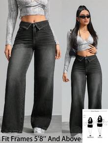 SHEIN Tall CURVE 大尺碼女款黑色丹寧翻領腰部寬鬆直筒長褲 - 黑色 - 查看 2
