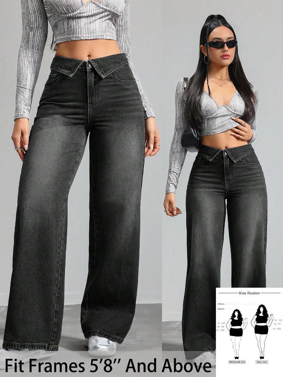 SHEIN Tall CURVE 大尺碼女款黑色丹寧翻領腰部寬鬆直筒長褲