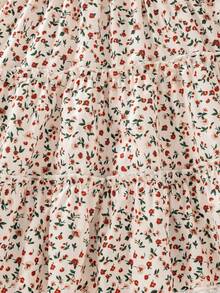 Elladie kids Young Girl's Floral Print Sweet Flutter Sleeve Ruffle Hem Dress, Countryside Girl Style For Daily Wear, School, Picnic - Khaki - View 8