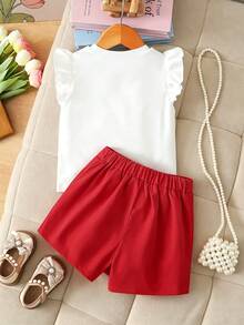 Elladie kids 4-7岁女童两件套：可爱蝴蝶结装饰串珠短袖上衣和松紧腰串珠开衩短裤，适合日常生活、派对和其他场合。 - 紅色 - 查看 2