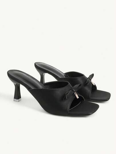 CUCCOO CHICEST Sandalias de tacón alto negro de alta gama francesa, diseño de punta cuadrada con lazo, pantuflas versátiles de verano