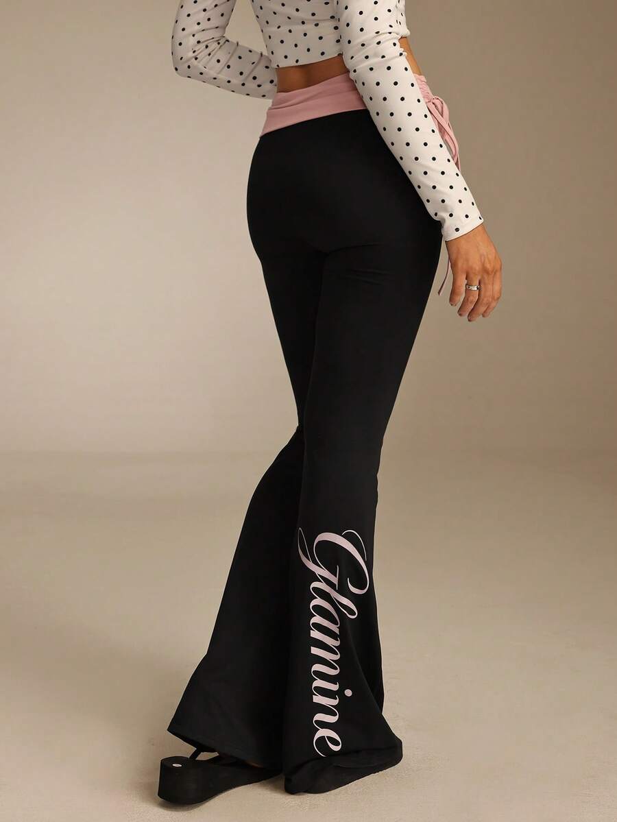 Glamine Pantalon évasé élégant et sexy pour femmes, design patchwork avec lettres - Multicolore - Voir 1