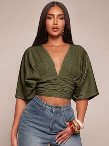 Radiana Women Deep V Neck Batwing Sleeve Cropped Top Elegant Olive Green Blouse,Autumn Top Date Night - Army Green - View 3