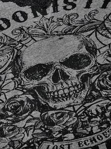 ROMWE Grunge Punk Plus Size Millennium Punk Skull Pattern Lace Trim Deep V-Neck 2 In 1 Cinched Waist T-Shirt - Grey - View 3