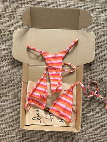 Swim Mod 2026 Spring/Summer Spaghetti Strap Orange & Pink Striped Amber Rhombus Decor Side High-Cut Bikini Two Pieces Swimwear For Women - Multicolor - View 1