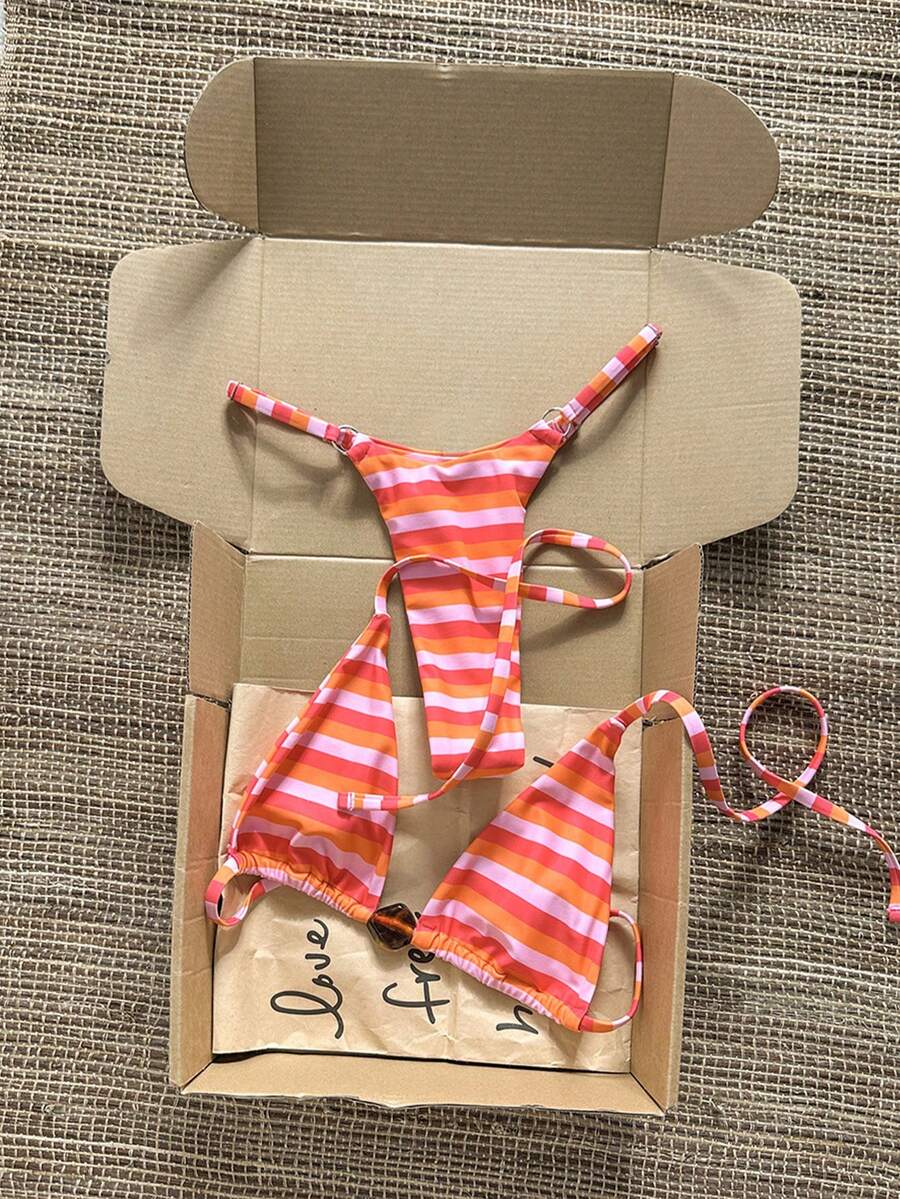 Swim Mod 2026 Spring/Summer Spaghetti Strap Orange & Pink Striped Amber Rhombus Decor Side High-Cut Bikini Two Pieces Swimwear For Women - Multicolor - View 1