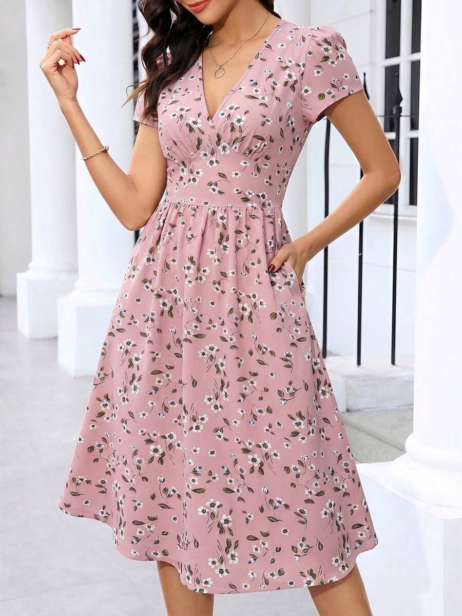 SHEIN Clasi 女士褶皱印花度假连衣裙 - 粉色 - 查看 1