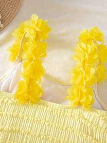 SHEIN Kids Holiday Vacation Young Girl Knitted Solid Color One-Piece Yellow Bow Swimwear - Yellow - View 8