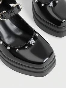 Sugerpunk Ladies Street Fashion Nightclub Solid Color Glossy Mary Jane Platform High Heel Shoes, Punk Style Gothic Retro Low Vamp Square Toe Metal Rivet Square Buckle Ankle Belt Design Suitable For Holiday Party Commuting - Dark black - View 4