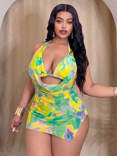 Swim SXY Plus Size Women's Tie-Dye Ombre Halter Bikini Set Set With Loose Cover-Up Dress