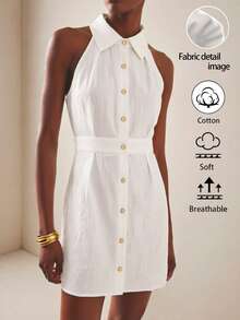 Vesra Women's Summer White Sleeveless Collared Waist Tie Dress - White - View 1