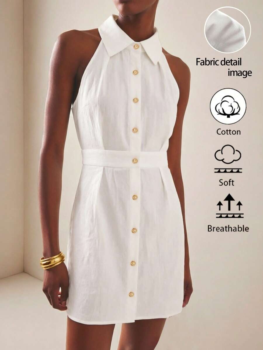 Vesra Women's Summer White Sleeveless Collared Waist Tie Dress - White - View 1