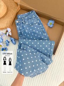 SHEIN Tall Quần jeans ống rộng cạp cao in chấm bi dành cho nữ, kiểu dáng thường ngày và phù hợp cho phong cách đường phố mùa hè. - Rửa nhẹ - Xem 1