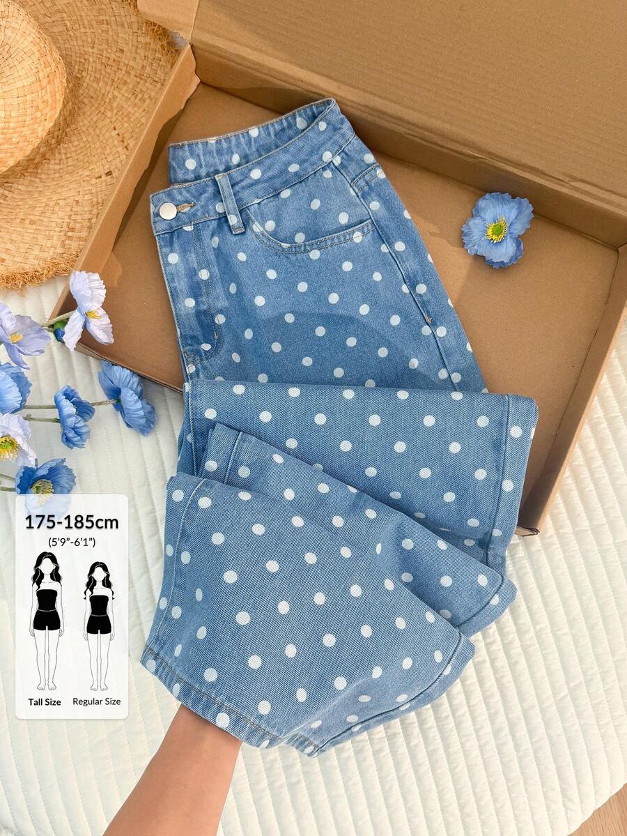 SHEIN Tall Quần jeans ống rộng cạp cao in chấm bi dành cho nữ, kiểu dáng thường ngày và phù hợp cho phong cách đường phố mùa hè. - Rửa nhẹ - Xem 1