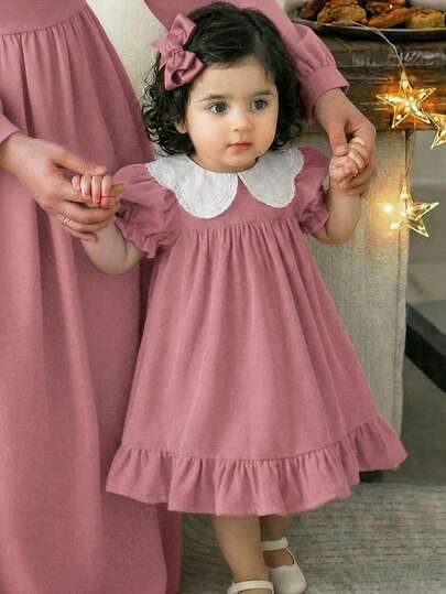 SHEIN LMoss Kids Baby Girl Puff Sleeve Peter Pan Collar Dress, Casual & Comfortable, Adorable