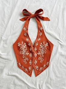 Soleia 花卉刺繡掛脖露背蝴蝶結短版上衣，適合音樂節、夏季上衣 - 橘色 - 查看 7