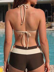 Swim Mod Bộ đồ bơi 3 món nữ 26SS Xuân/Hè mới, quần bikini tam giác buộc dây hở lưng cổ V phối màu đen trắng tương phản, trang trí nơ, cho kỳ nghỉ bãi biển - Cà phê nâu - Xem 2