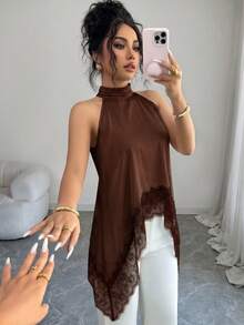 SHEIN Elenzya 女士蕾丝拼接露背休闲百搭日常衬衫 - 棕色 - 查看 5