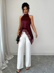 SHEIN Elenzya 女士纯色撞色蕾丝优雅吊带上衣 - 酒紅色 - 查看 4