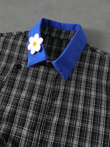 ROMWE MEN Men's Plaid Print Contrast Collar Casual Short Sleeve Shirt - Black - View 7