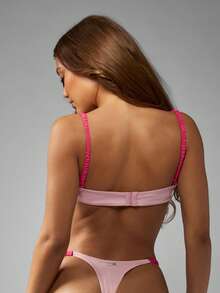 Missguided x Playboy Bralette Underwear Set Triangle Top Rhinestone Crystal Unlined Elastic Band Low Rise Cheeky Bottom Party Collection Seasonal Must Have Beachwear Style - Pink - View 2