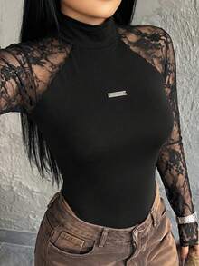 Dayanna Comas 女士春夏音乐节派对透气网纱弹力连体衣，情人节 - 黑色 - 查看 2