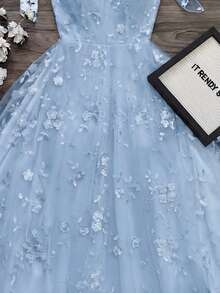 SHEIN Raffinéa 女款優雅蕾絲蝴蝶結洋裝，正式晚禮服 - 藍色 - 查看 4