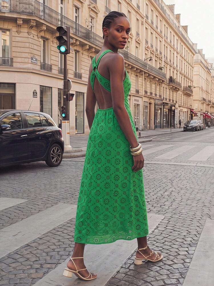 SHEIN Maija Sage Green Floral Cotton Embroidered Lace Hollow-Out Women's Dress,Criss-Cross Back Resin Ring Decor,Summer Boho Holiday Vacation Fashionable Elegant