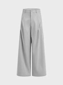 AXEPEAK Pantalones casuales versátiles de uso diario con botones y pliegues de unicolor para hombres - Gris - Ver 2