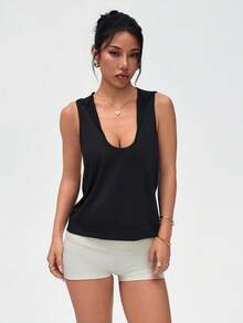 SHEIN Dewbera Áo nỉ nữ dáng rộng không tay, cổ chữ U, có mũ, thích hợp cho hoạt động thể thao ngoài trời, chạy bộ, tập yoga. - màu đen - Xem 4