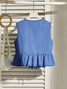Comfortcana Women's Denim Vest With Casual Tie Bow Ruffle Hem, Blue - Medium Wash - View 2