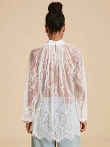 Travachic Áo blouse ren xuyên thấu lưới cho nữ - trắng - Xem 2