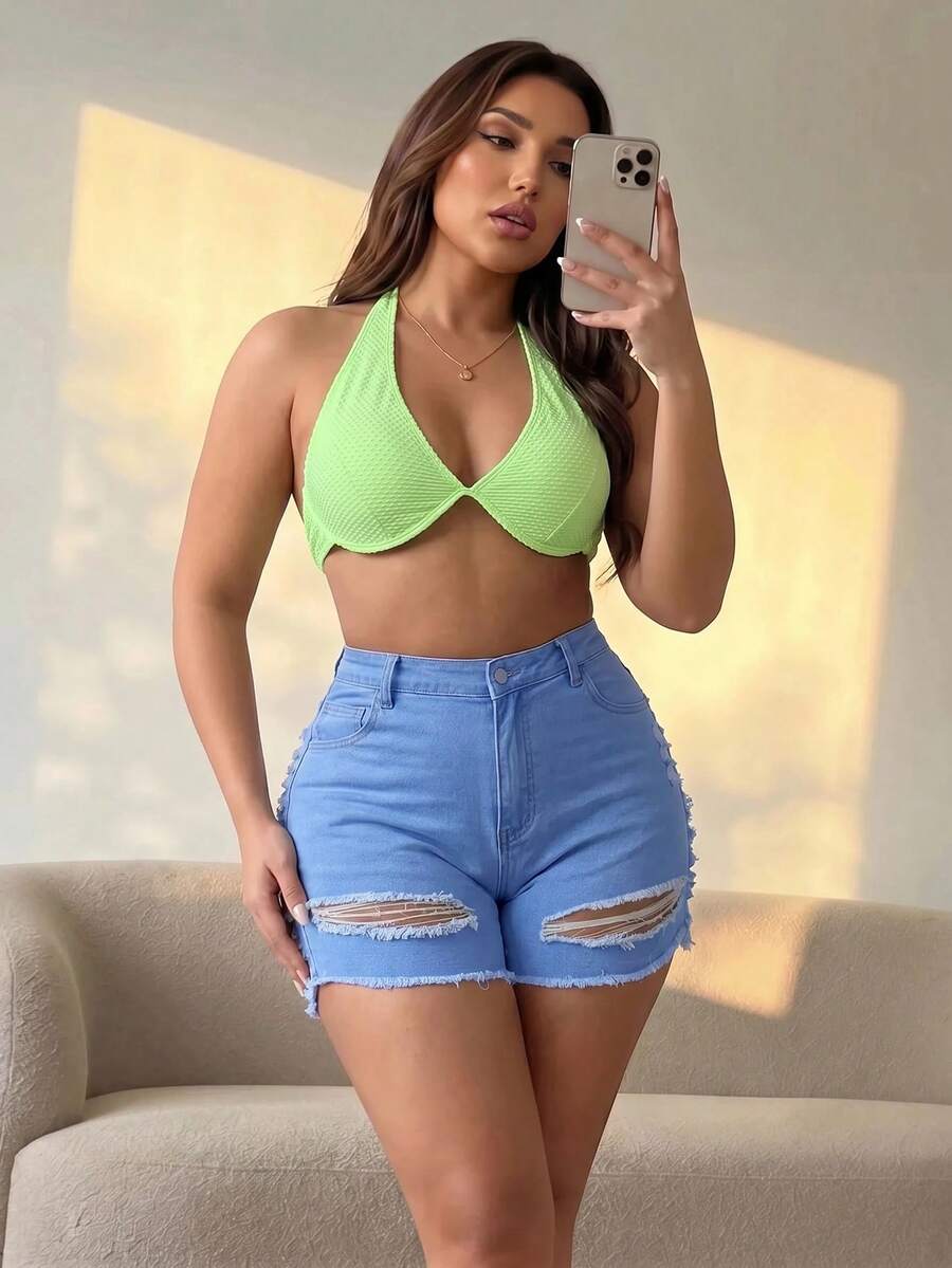 Hourglow Cardis.Ego Women Hollow Out Simple Plus Size Denim Shorts, For Hourglass Body Shape, For Summer - Light Wash - View 1