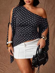 Rustia Plus Size Women's Fashionable Polka Dot Print Asymmetrical Neck Open Sleeve Ruched Fitted Top, Spring/Summer Fall - Black - View 5