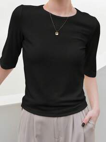 Dazy-Less Dam Sommar Enfärgad Normala Axlar Kortärmad T-shirt Old Money Style Business Casual Dam - Svart - Visa 2