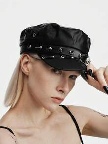 MortiRose 1pc Women's Fashion Rivet Decor Metal Leather Belt Buckle Beret Hat - Black - View 3