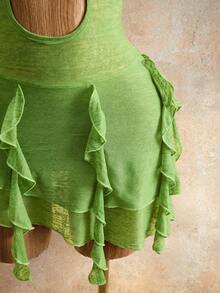 Mistrie Vestido de mujer con cuello de corbata verde, cruce de tirantes, recorte hueco y volante en el bajo - Verde - Ver 7