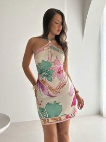Aloruh Women's Spring/Summer Neck Tie Printed Mini Dress - Multicolor - View 4
