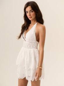 Willow Rêve White Lace Ruffle Waist Spaghetti Strap Mini Dress - White - View 1