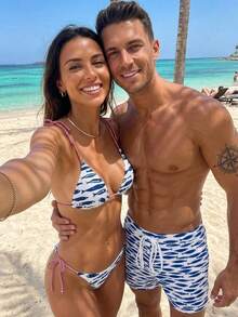 Manfinity Swimmode Quần bơi nam kiểu dáng thường ngày, có dây rút, in hình cá. - Màu xanh lam - Xem 1